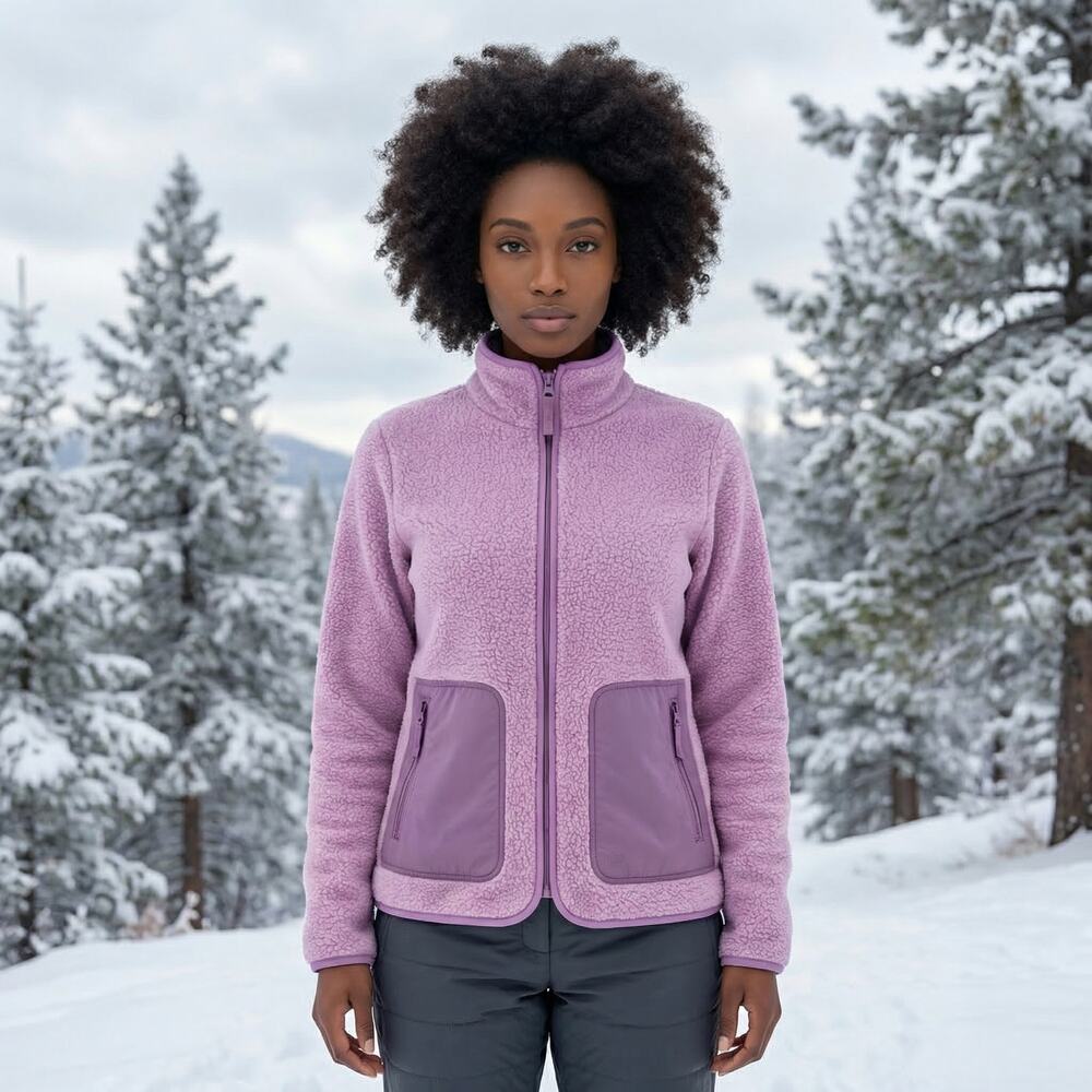 T by Talbots Petite P High-Low Cozy Sherpa Jacket Lilac Purple Full Zip Fleece